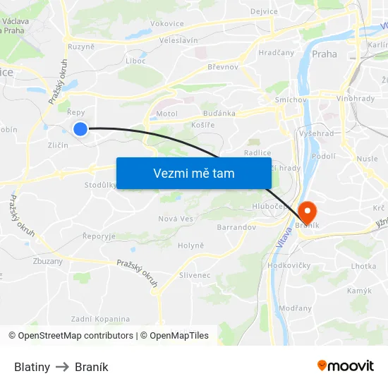 Blatiny to Braník map