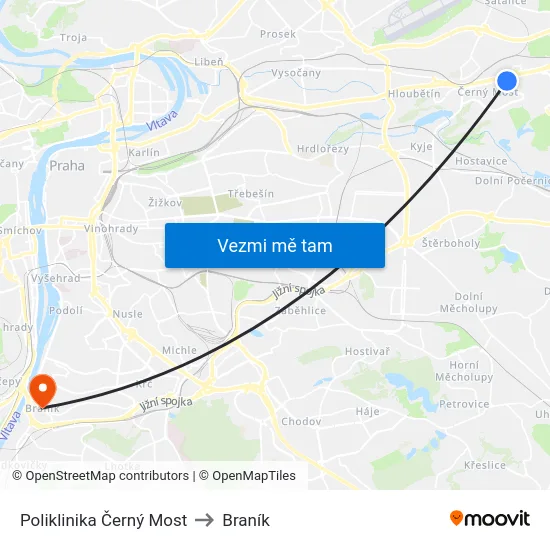 Poliklinika Černý Most to Braník map