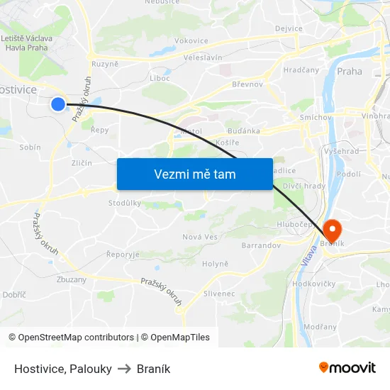 Hostivice, Palouky to Braník map