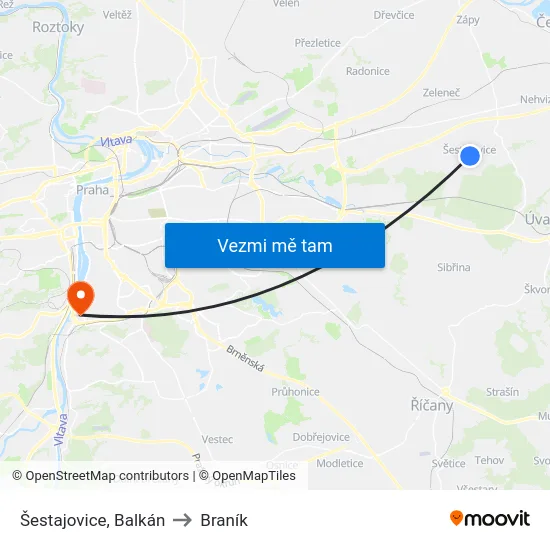 Šestajovice, Balkán to Braník map