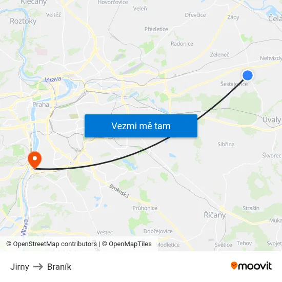 Jirny to Braník map
