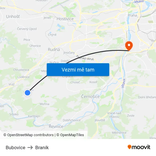 Bubovice to Braník map
