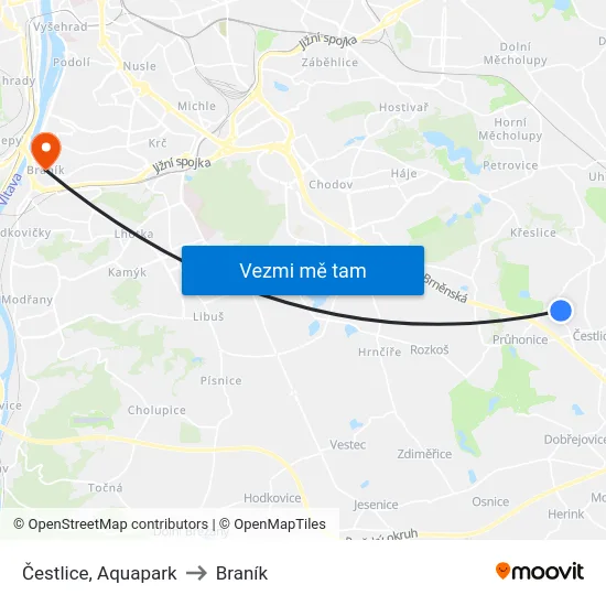 Čestlice, Aquapark to Braník map