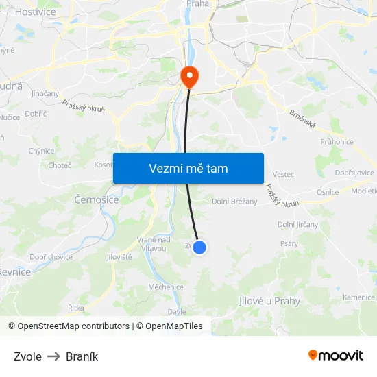Zvole to Braník map