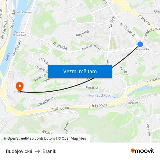 Budějovická to Braník map