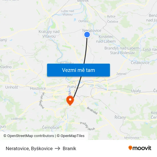 Neratovice, Byškovice to Braník map