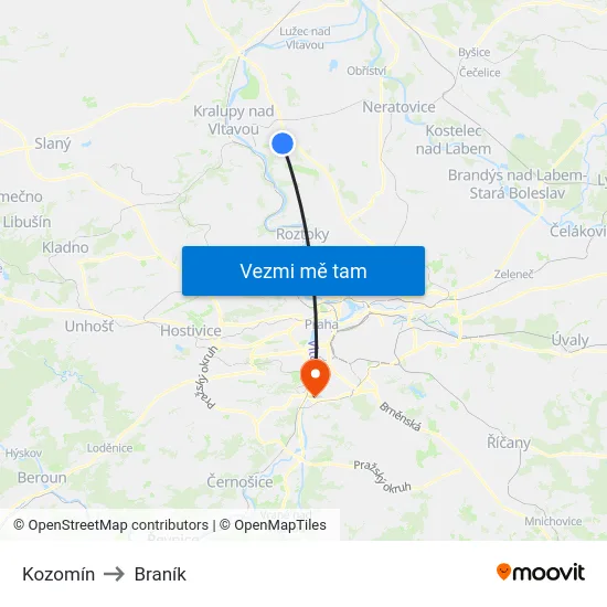 Kozomín to Braník map