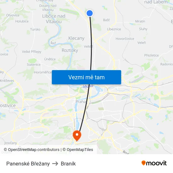 Panenské Břežany to Braník map