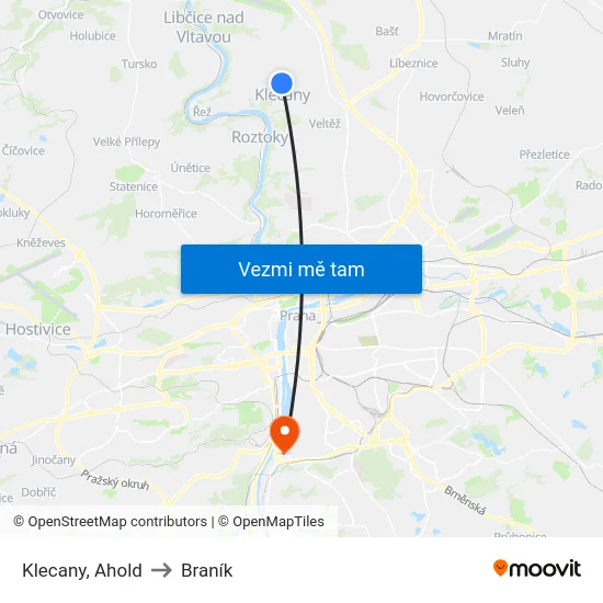 Klecany, Ahold to Braník map