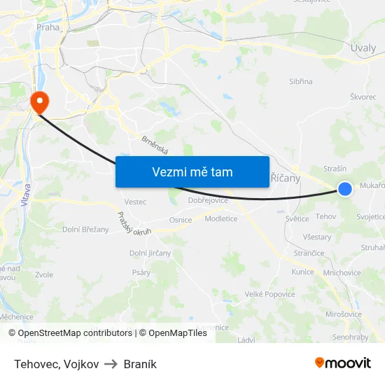 Tehovec, Vojkov to Braník map