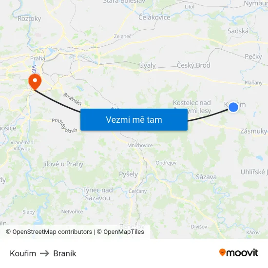 Kouřim to Braník map