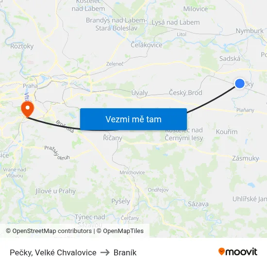Pečky, Velké Chvalovice to Braník map