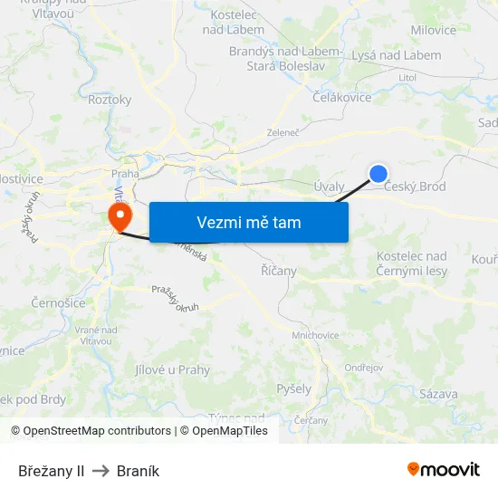 Břežany II to Braník map