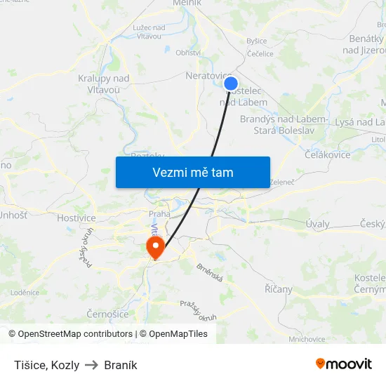 Tišice, Kozly to Braník map