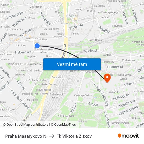 Praha Masarykovo N. to Fk Viktoria Žižkov map