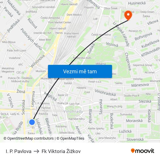 I. P. Pavlova to Fk Viktoria Žižkov map