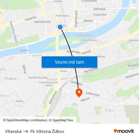 Vltavská to Fk Viktoria Žižkov map