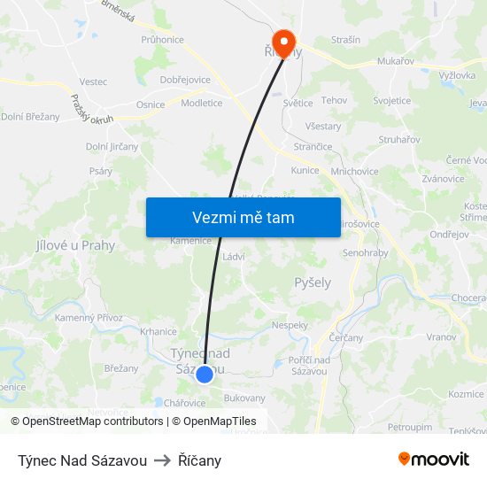 Týnec Nad Sázavou to Říčany map