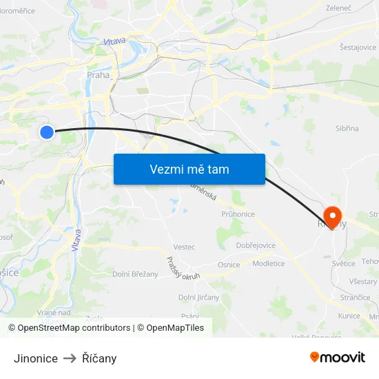 Jinonice to Říčany map