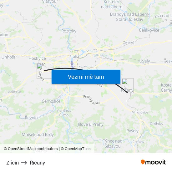 Zličín to Říčany map