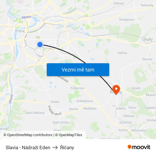 Slavia - Nádraží Eden to Říčany map