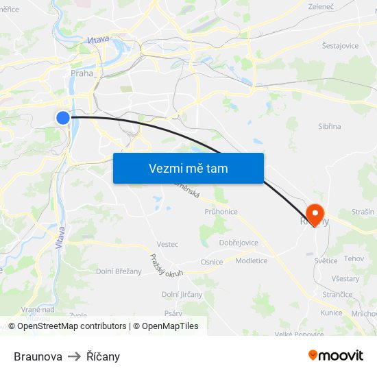 Braunova to Říčany map