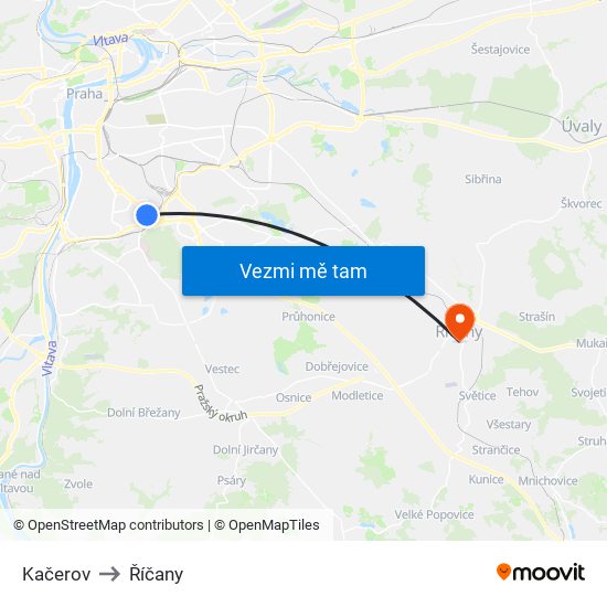 Kačerov to Říčany map