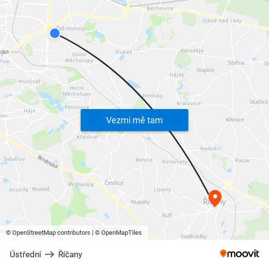 Ústřední to Říčany map