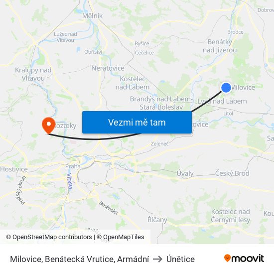 Milovice, Benátecká Vrutice, Armádní (B) to Únětice map