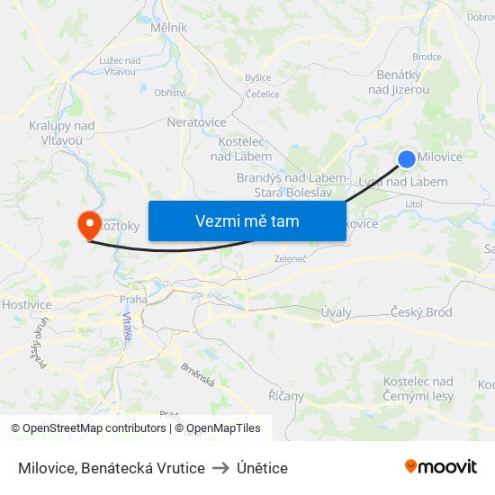 Milovice, Benátecká Vrutice to Únětice map