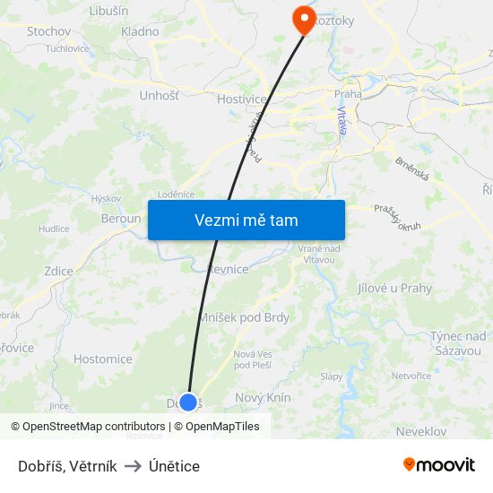 Dobříš, Větrník to Únětice map