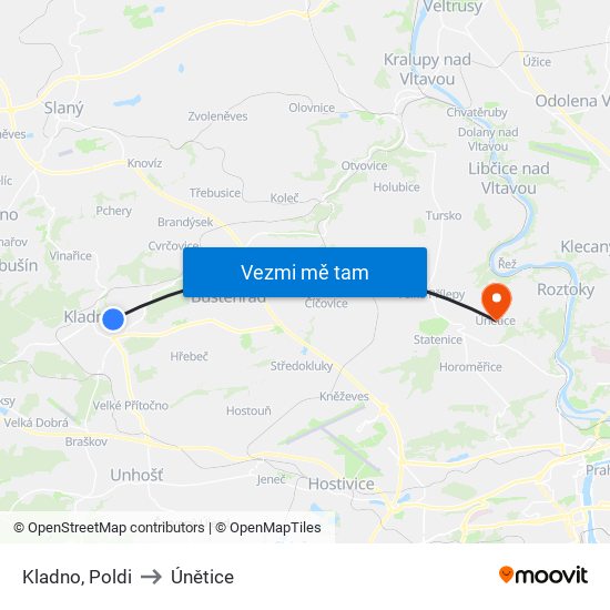 Kladno, Poldi to Únětice map