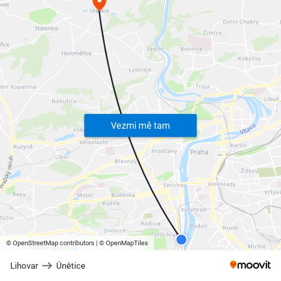 Lihovar to Únětice map