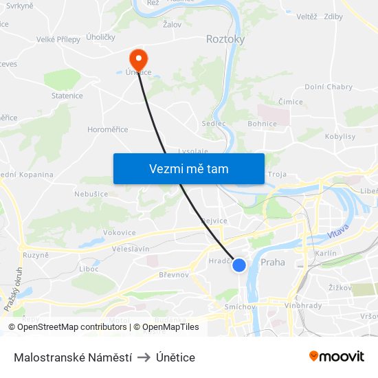 Malostranské Náměstí to Únětice map