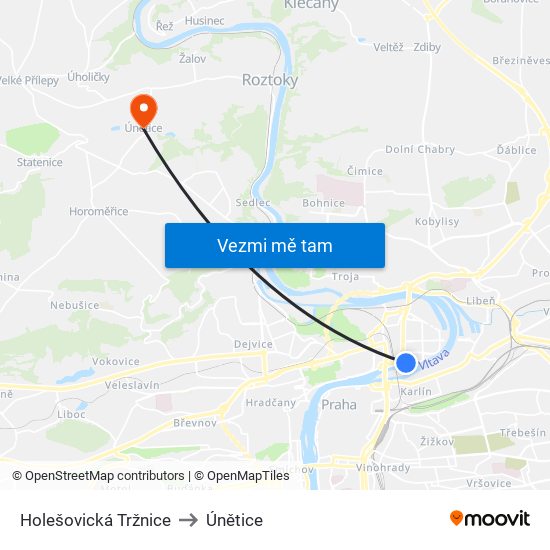 Holešovická Tržnice to Únětice map