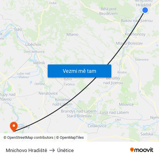 Mnichovo Hradiště to Únětice map