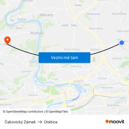 Čakovický Zámek to Únětice map