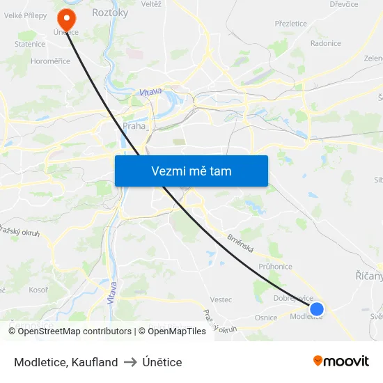 Modletice, Kaufland to Únětice map