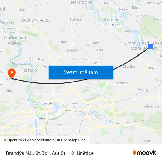 Brandýs N.L.-St.Bol., Aut.St. to Únětice map