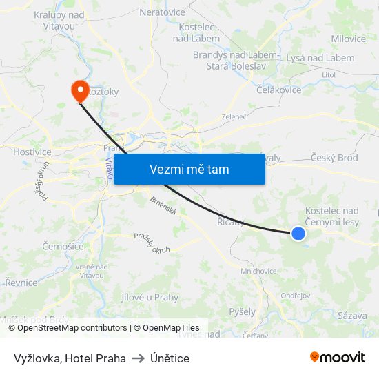 Vyžlovka, Hotel Praha to Únětice map