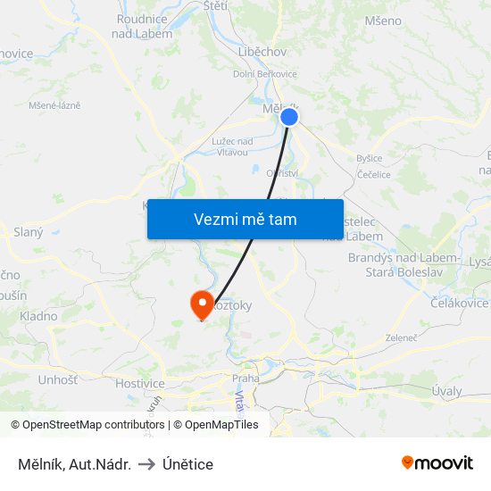 Mělník, Aut.Nádr. to Únětice map