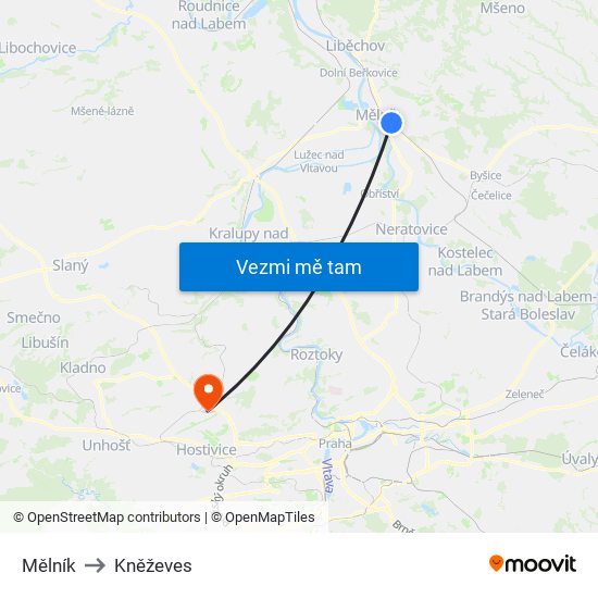 Mělník to Kněževes map