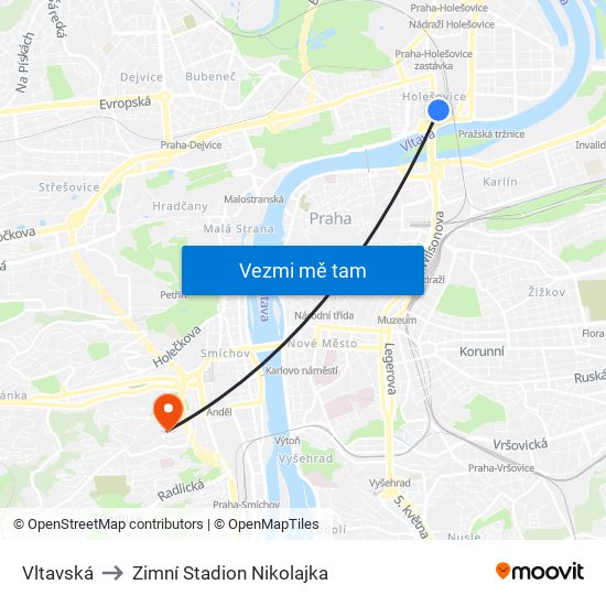 Vltavská to Zimní Stadion Nikolajka map