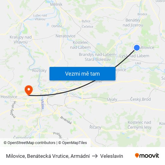 Milovice, Benátecká Vrutice, Armádní to Veleslavín map