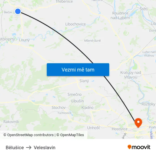 Bělušice to Veleslavín map