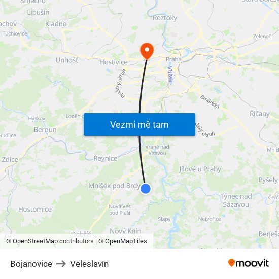 Bojanovice to Veleslavín map