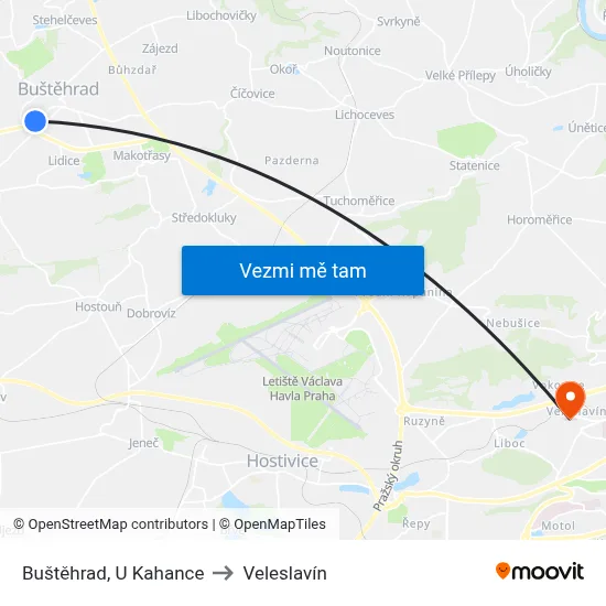 Buštěhrad, U Kahance to Veleslavín map