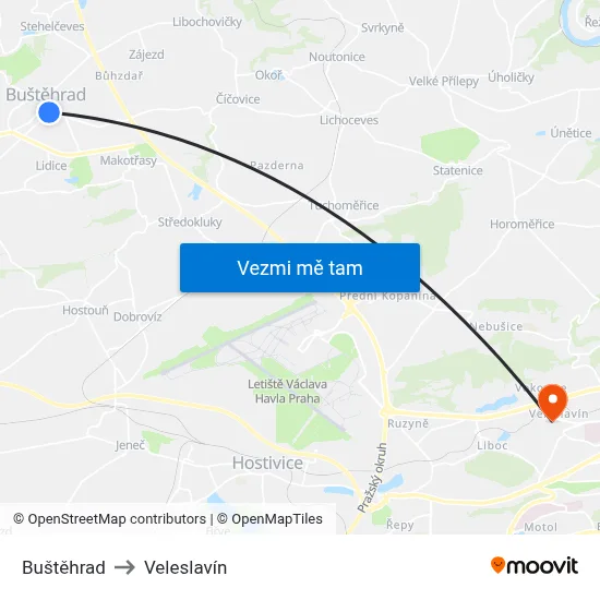 Buštěhrad to Veleslavín map