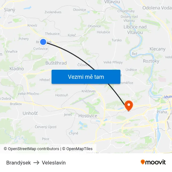Brandýsek to Veleslavín map