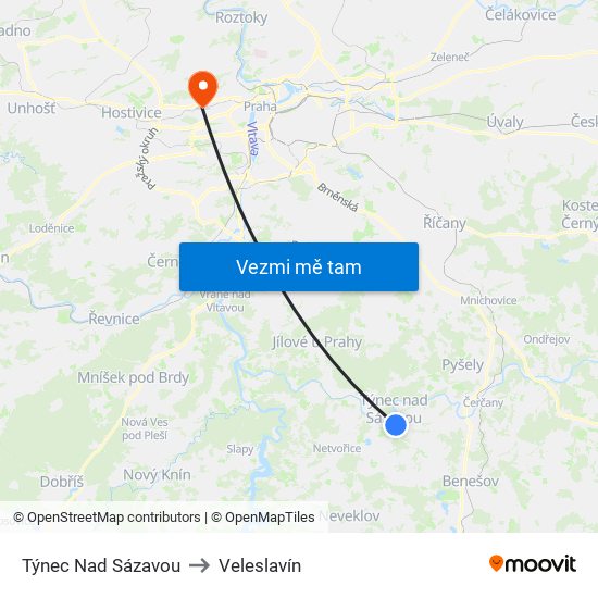 Týnec Nad Sázavou to Veleslavín map